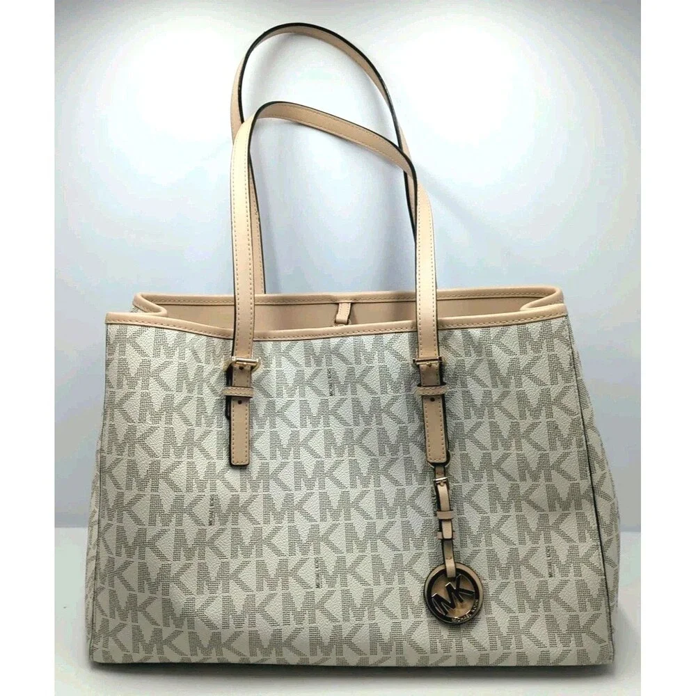 Michael Kors Jet Set Travel East West Monogram Tote Bag Purse Vanilla - Picture 2 of 16
